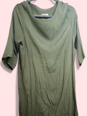 Lined Olive Green and cream Maxi Dress with Elbow Sleeves